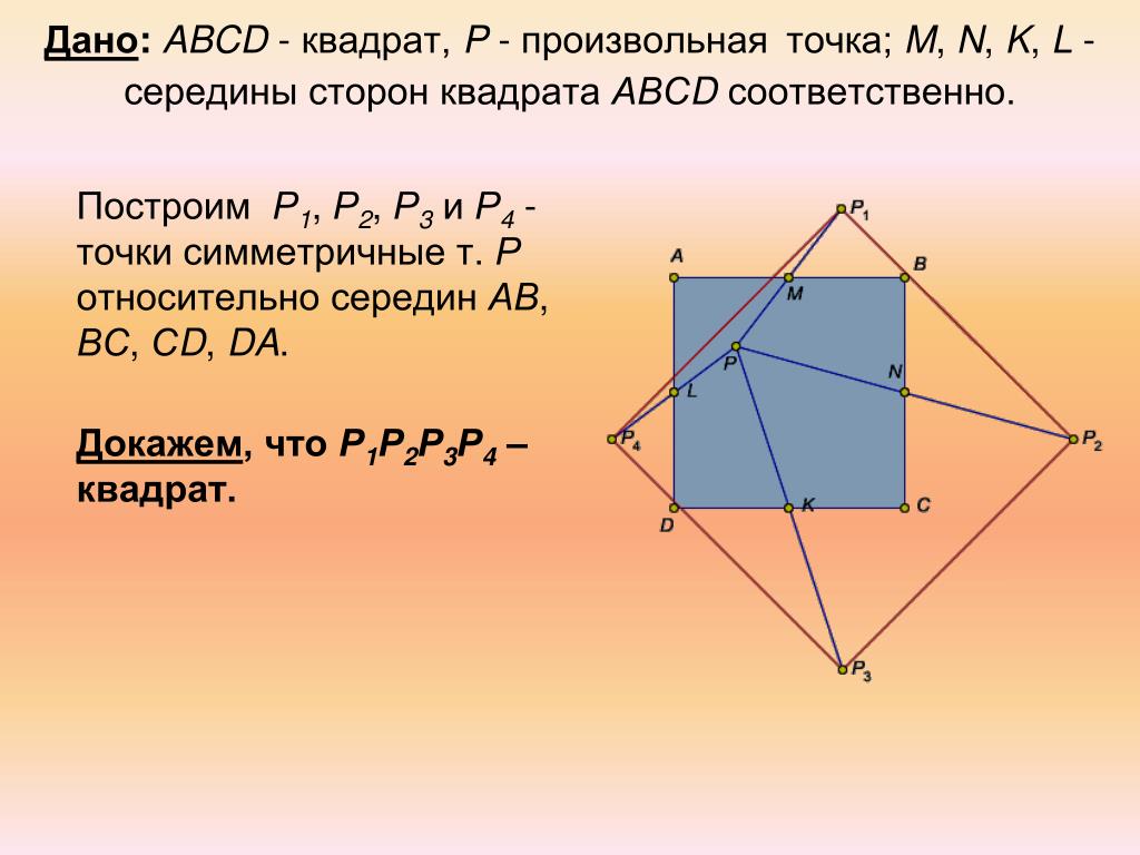 Четырехугольник abcd со сторонами bc. Серидиды сторон квадрата. Построить квадрат. Квадрат ABCD. Произвольная точка плоскости.