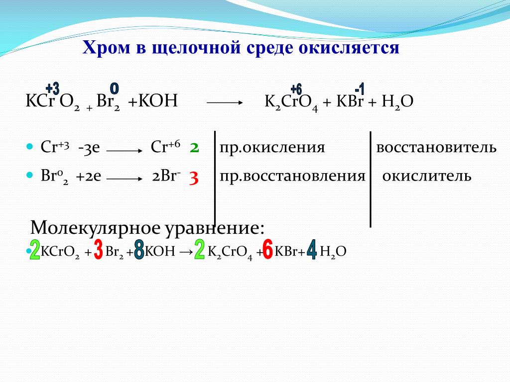 Химическая реакция ki br2. Br2 Koh окислительно восстановительная реакция. Реакции в кислой и щелочной средах уравнение. Реакции окисления хрома 3 в щелочной среде. S-2 = S+4 окисление восстановителя.