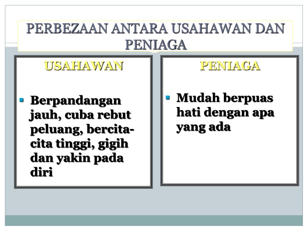 Perbezaan Usahawan Dan Peniaga  Saya percaya bahawa seorang peniaga