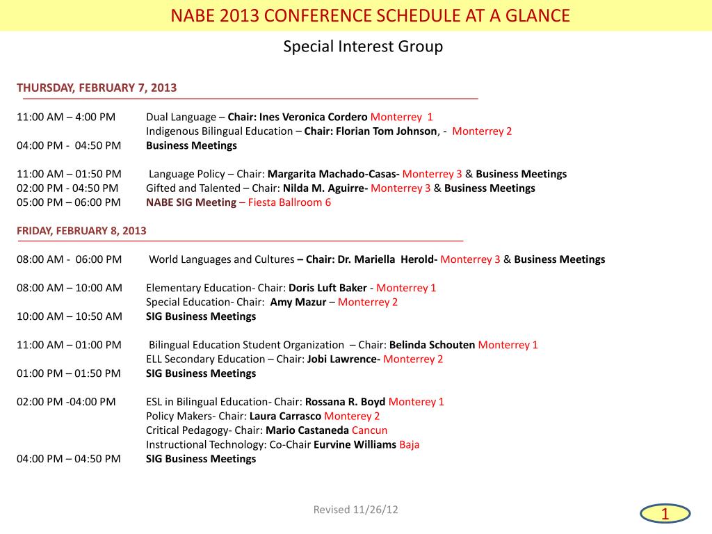 PPT NABE 2013 CONFERENCE SCHEDULE AT A GLANCE PowerPoint Presentation