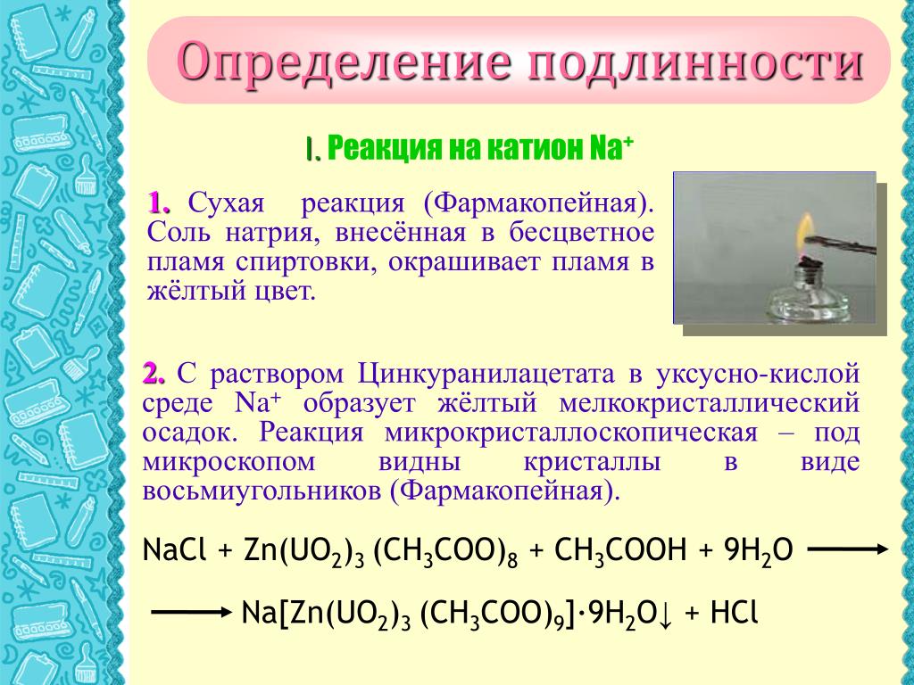 Реакция подлинности на катион натрия. Определение подлинности. Определение подлинности натрия. Качественными реакциями на катион аммония является