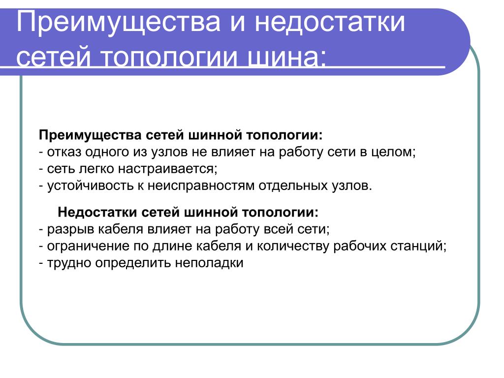 Достоинство сети шина. Недостатки локальной сети шина. Топология шина достоинства и недостатки. Преимущества и недостатки топологии шина. Достоинства шинной топологии.