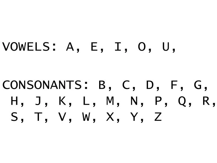 Ppt Vowels A E I O U Consonants B C D F G H J K L M N P Q R S T V W X Y Z Powerpoint Presentation