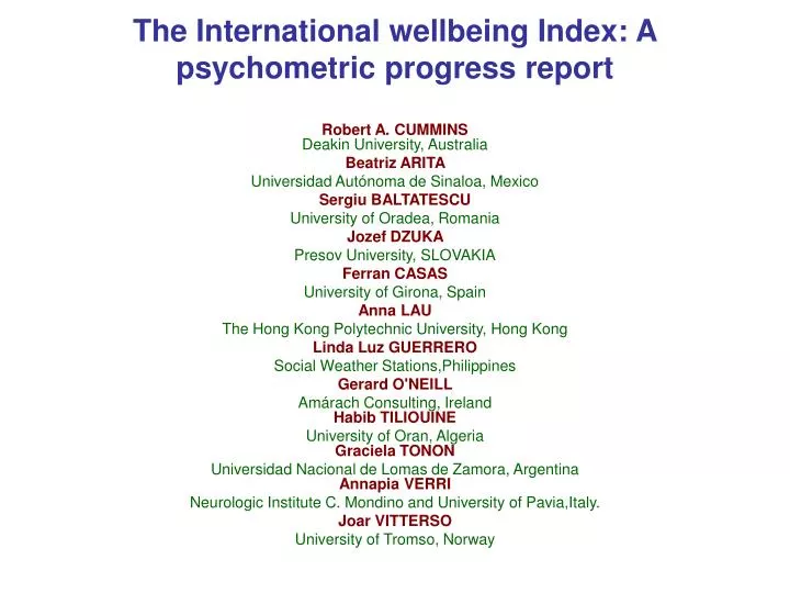 the international wellbeing index a psychometric progress report n.