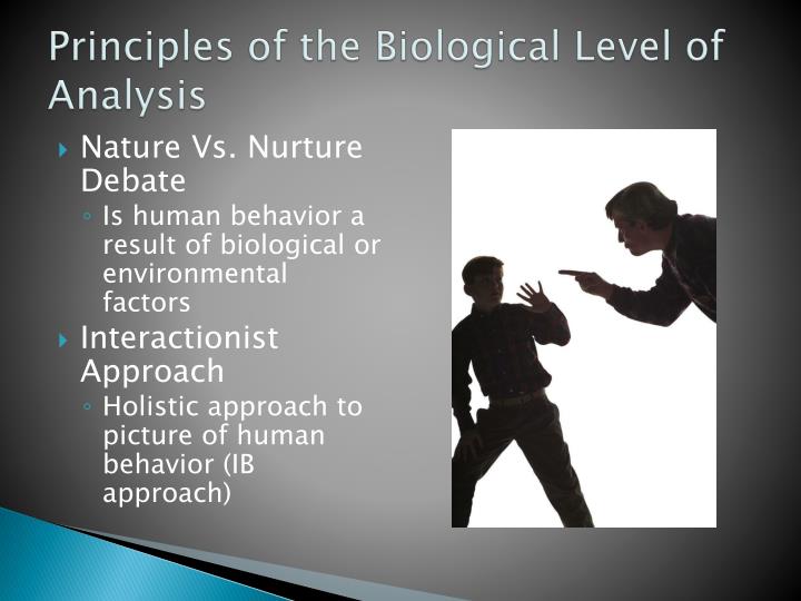 the biological level of analysis One approach toward thinking about the issue of levels of analysis was suggested by david into account constraints at the biological and cognitive levels. the biological level of analysis One approach toward thinking about the issue of levels of analysis was suggested by david into account constraints at the biological and cognitive levels.