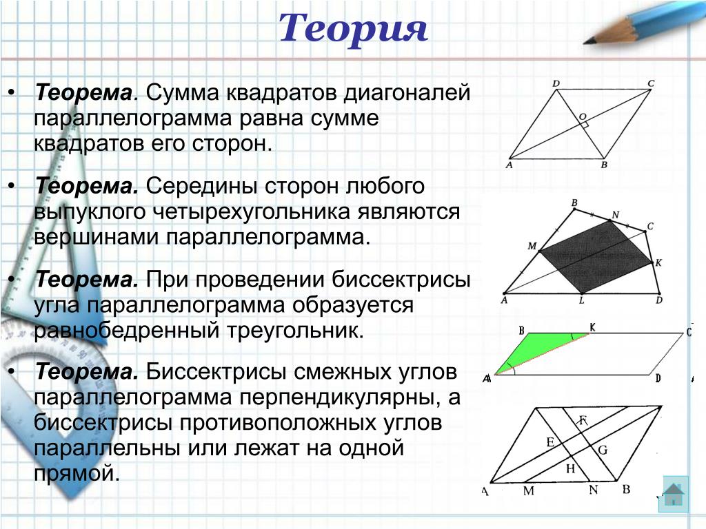 Середина диагонали параллелограмма. Свойства биссектрисы в четырехугольнике. Свойства диагоналей параллелограмма биссектриса. Свойства диагоналей четырехугольника выпуклого. Теорема о диагоналях четырехугольника.