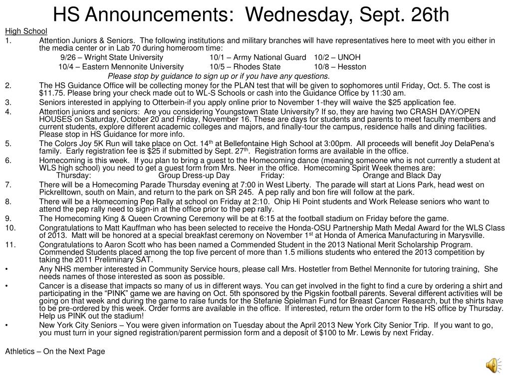 Ppt Hs Announcements Wednesday Sept 26th Powerpoint Presentation
