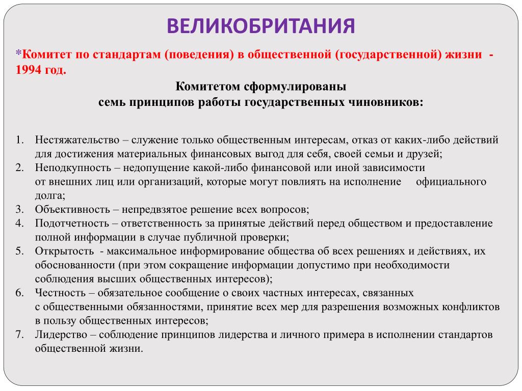 Комитет по противодействию коррупции. Зарубежный опыт противодействия коррупции. Стандарты поведения. Комитет по стандартам публичной сферы Великобритании. Коррупция в Великобритании.