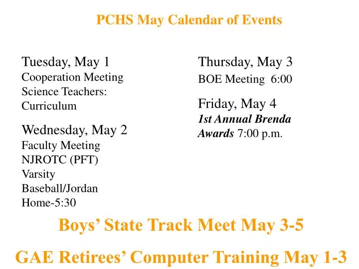 PPT PCHS May Calendar of Events PowerPoint Presentation, free