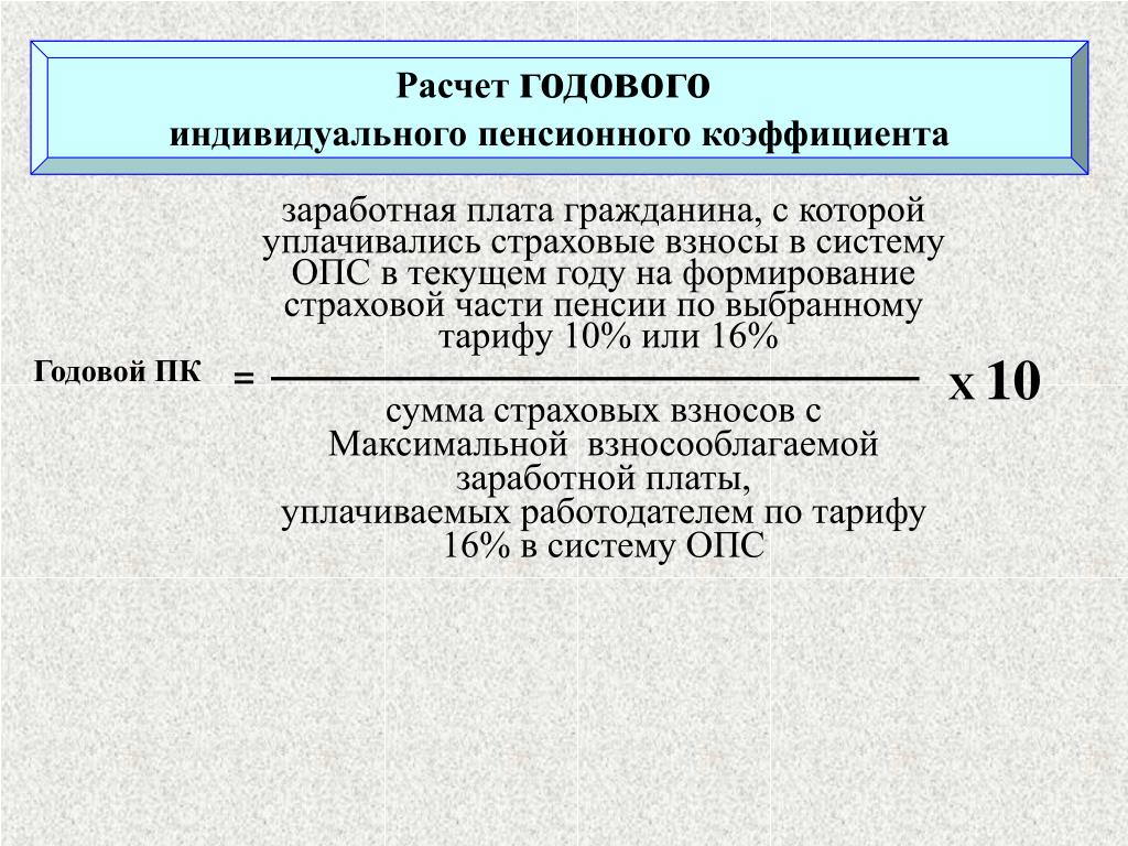 Величина индивидуального. Расчет годового индивидуального пенсионного коэффициента. Годовой индивидуальный пенсионный коэффициент формула. Формула расчета годового пенсионного коэффициента. Индивидуальный пенсионный коэффициент презентация.