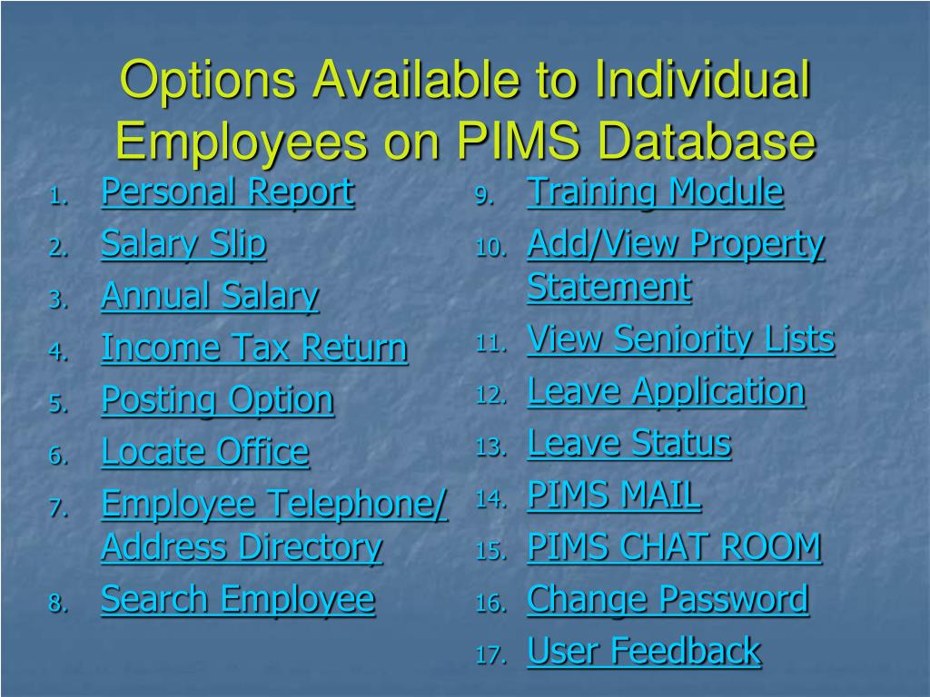 Pims Database PPT - Help file For Individual/Office Employee PIMS Login PowerPoint ...