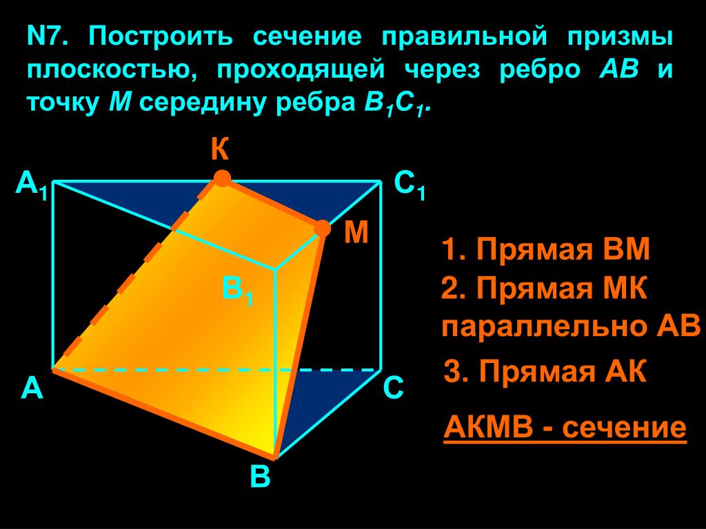 Построить сечение треугольной призмы abca1b1c1 плоскостью