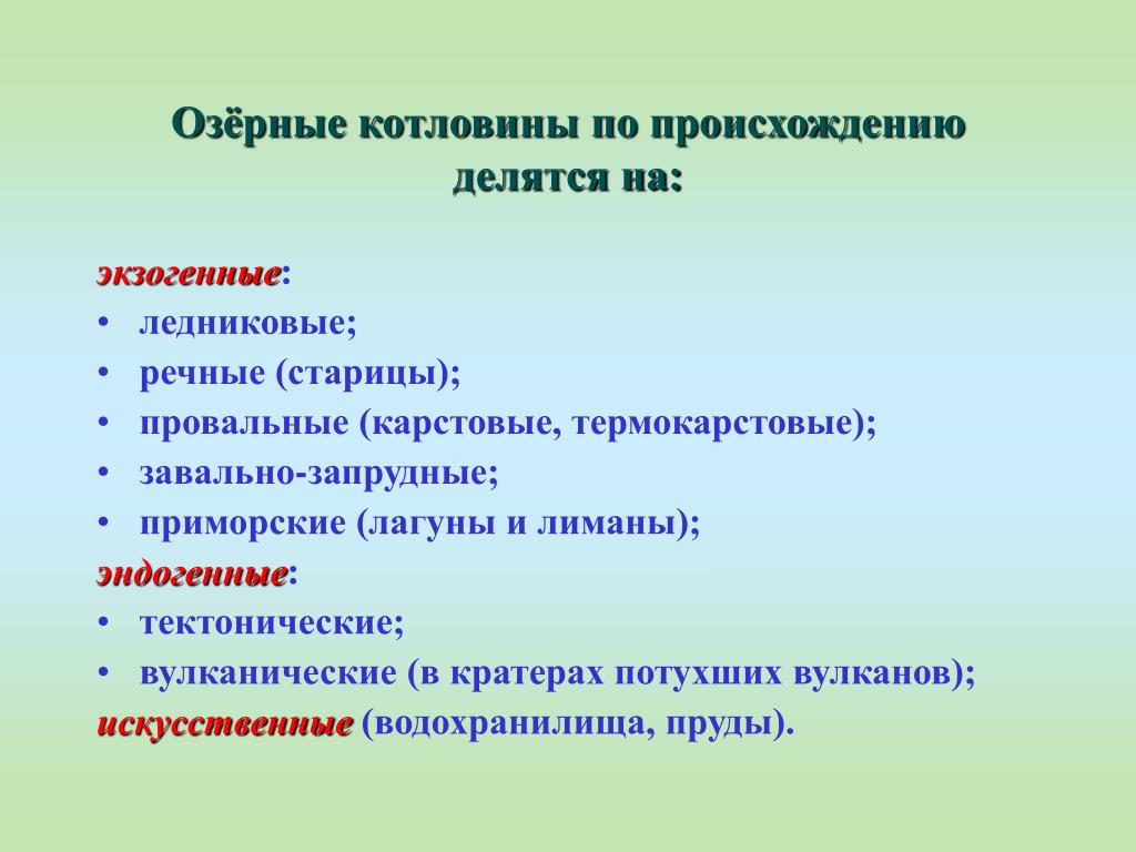 1. Установите соответствие между озерной озером и происхождением котловины (отве