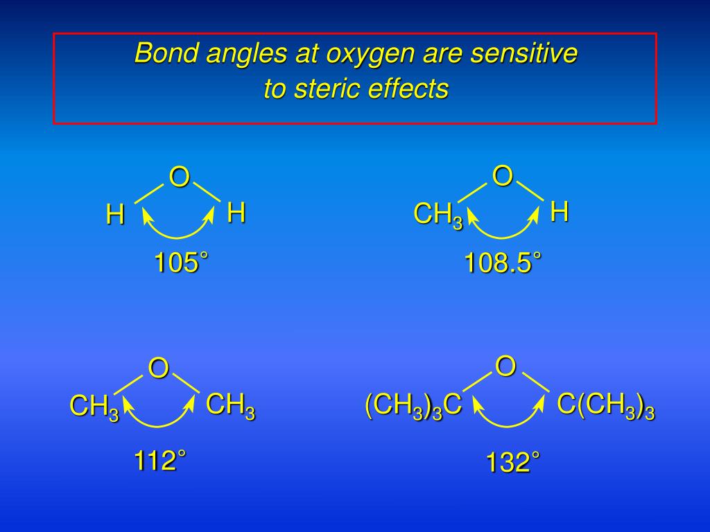 108.5 ° O C(CH3)3 (CH3)3C 112 ° 132 ° Bond angles at oxygen are sensitiveto...