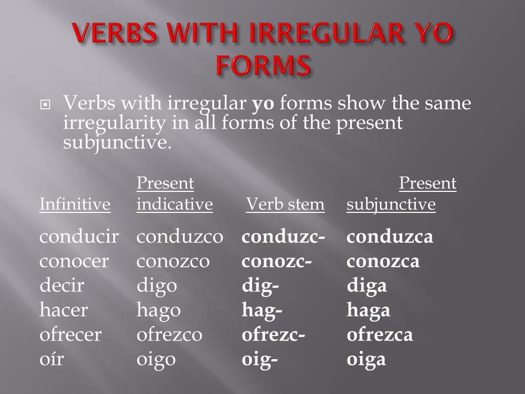 PPT - VERBS WITH IRREGULAR YO FORMS PowerPoint Presentation, free ...
