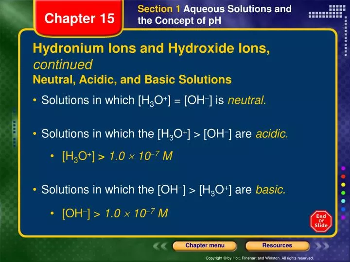 PPT - Hydronium Ions and Hydroxide Ions, continued Neutral, Acidic, and Basic Solutions