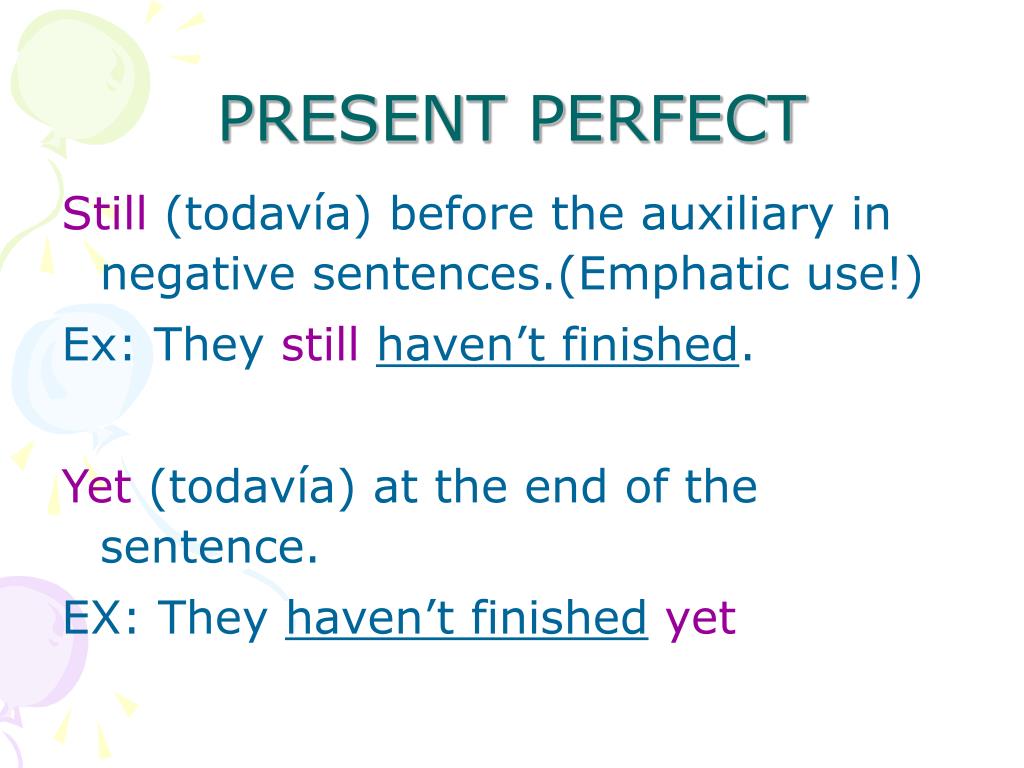 Use the present perfect negative. Перфект still. Present perfect negative sentences. Still present perfect. Emphatic sentences примеры.