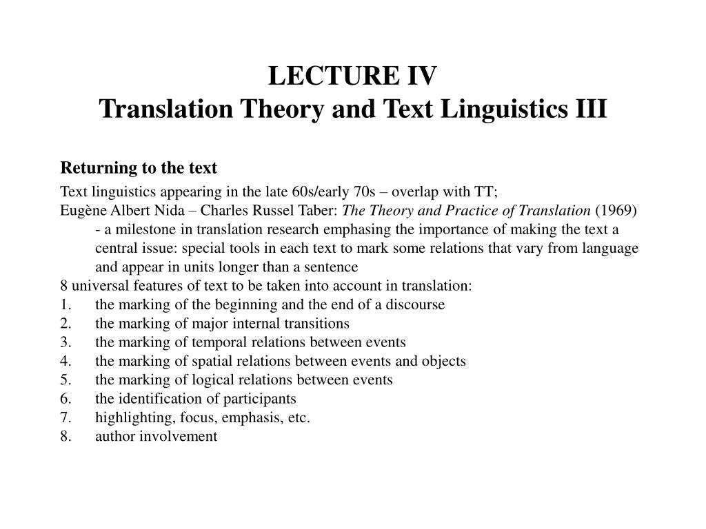 PPT - LECTURE IV Translation Theory and Text Linguistics I PowerPoint ...