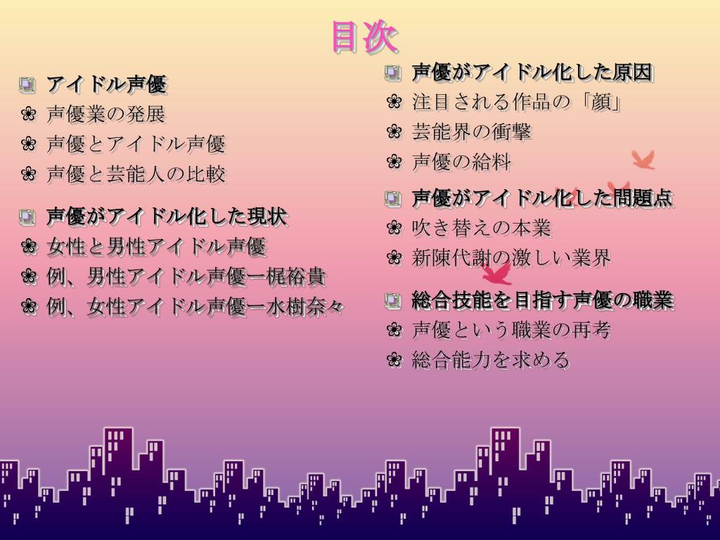 Ppt 日本の声優産業がアイドル化した現象について Powerpoint Presentation Id 473
