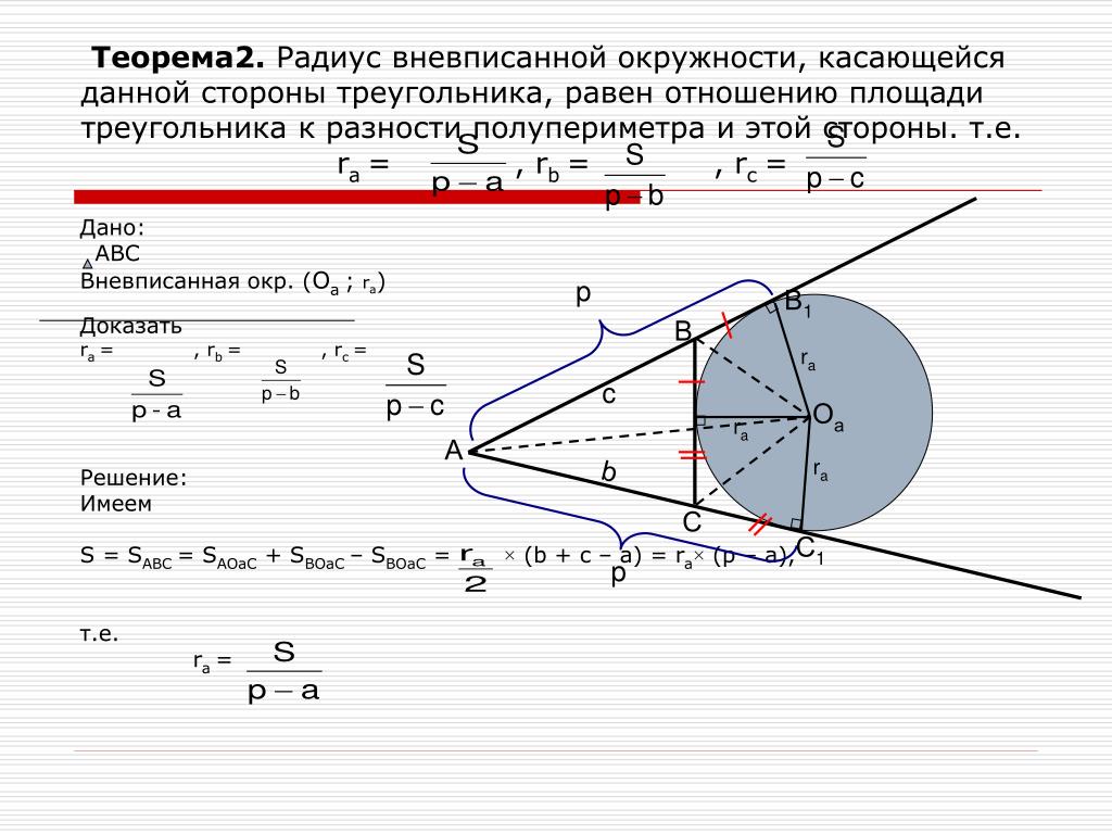 Вывод формулы окружности. Площадь треугольника вневписанной окружности. Радиус вневписанной окружности формула. Радиус вневписанной окружности треугольника. Формула радиуса вневписанной окружности треугольника.