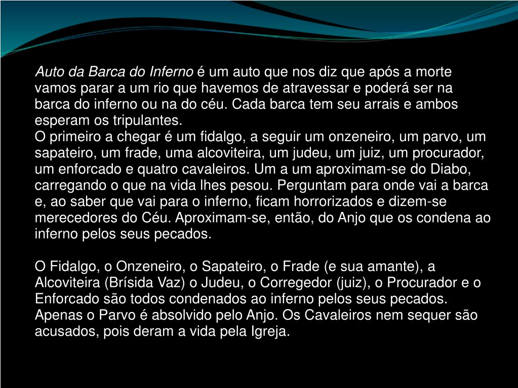 Ppt resumo do auto da barca do inferno powerpoint presentation free
