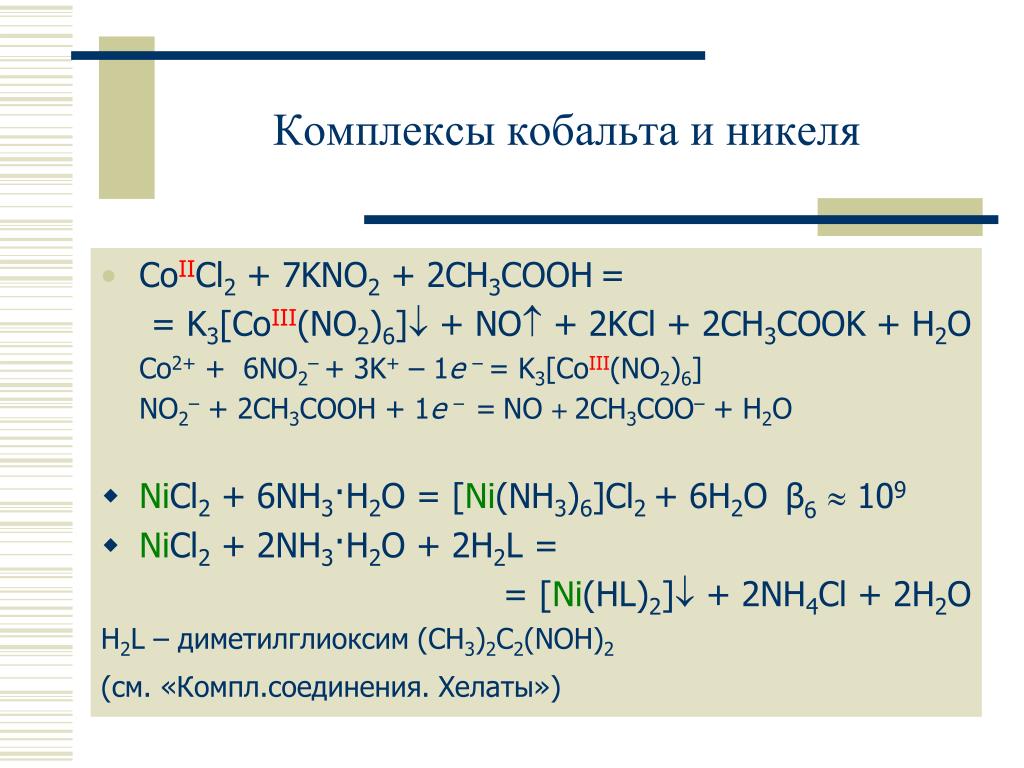 Получение комплексов. Комплексы кобальта. Комплексы никеля. Аммиачный комплекс никеля. Комплексы кобальта и никеля.