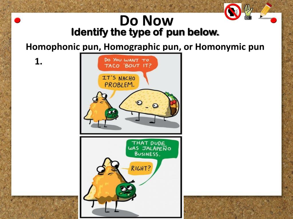 Homophonic pun, Homographic pun, or Homonymic pun 1. 