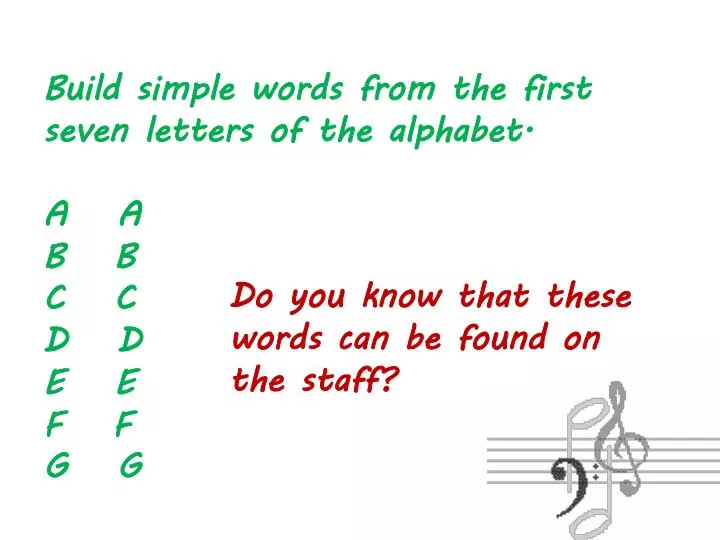 build simple words from the first seven letters of the alphabet a a b b c c d d e e f f g g n.