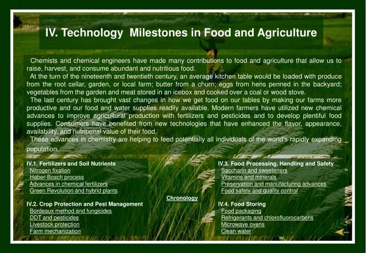 iv technology milestones in food and agriculture n.