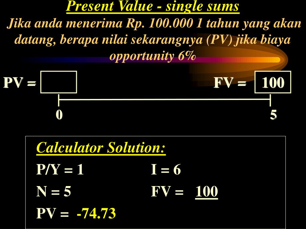 Single valued. PV = FV *1/(1+I)^N. RT=FV-PV/PV. PV=FV(1- F*D_1 )-FV*D_2 факторинг. PV=FV(1-ND).