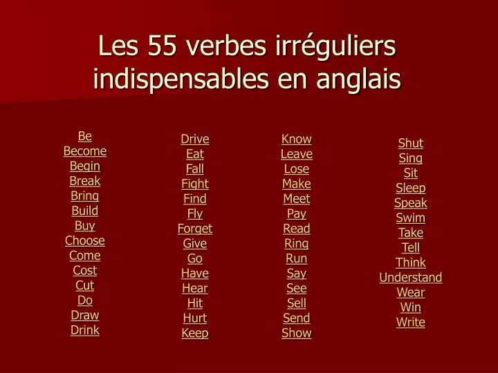 Ppt Les 55 Verbes Irreguliers Indispensables En Anglais Powerpoint Presentation Id 4874176