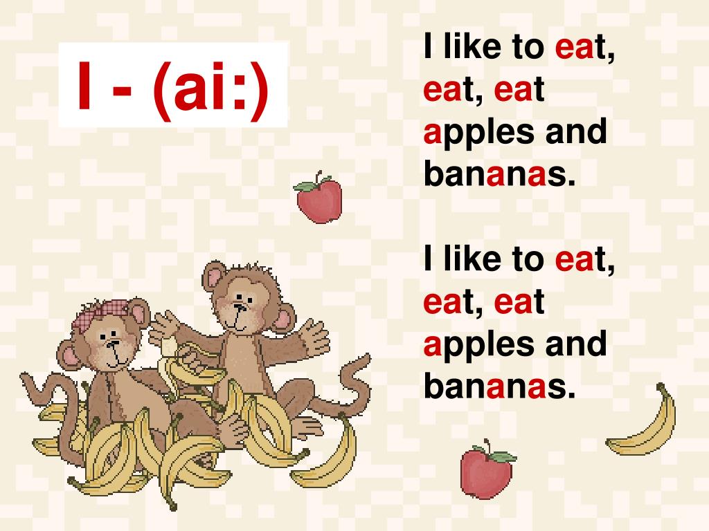 I like bananas apples. I like to eat Apples and Bananas. I like to eat. I like to eat Apple. Eat ate eaten произношение.