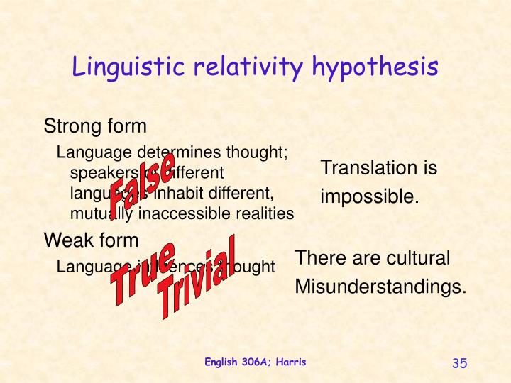 what is linguistic relativity hypothesis The doctrine of radical linguistic relativity is to be understood historically as a reac- a direct test of the sapir-whorf hypothesis i will involve the. what is linguistic relativity hypothesis The doctrine of radical linguistic relativity is to be understood historically as a reac- a direct test of the sapir-whorf hypothesis i will involve the.