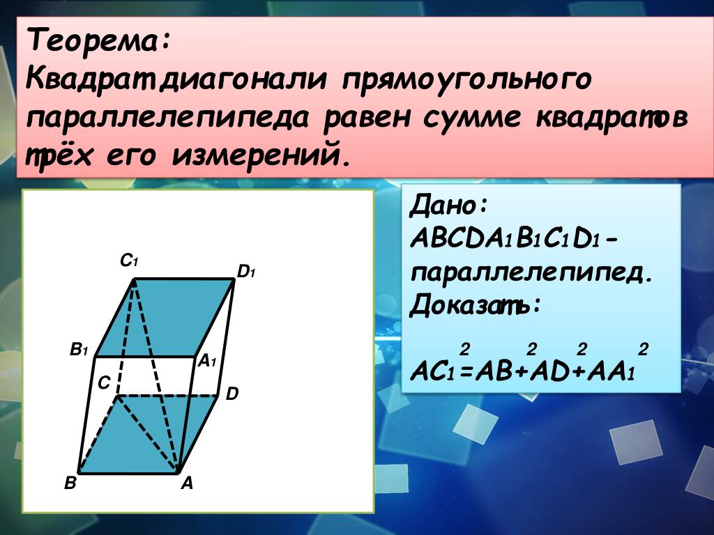 Прямоугольный параллелепипед диагональ. Теорема о квадрате диагонали прямоугольного параллелепипеда. Теорема о диагоналях параллелепипеда. Квадрат лиогоналипараллепипеда. Диагональ прямоугольного параллелепипеда.