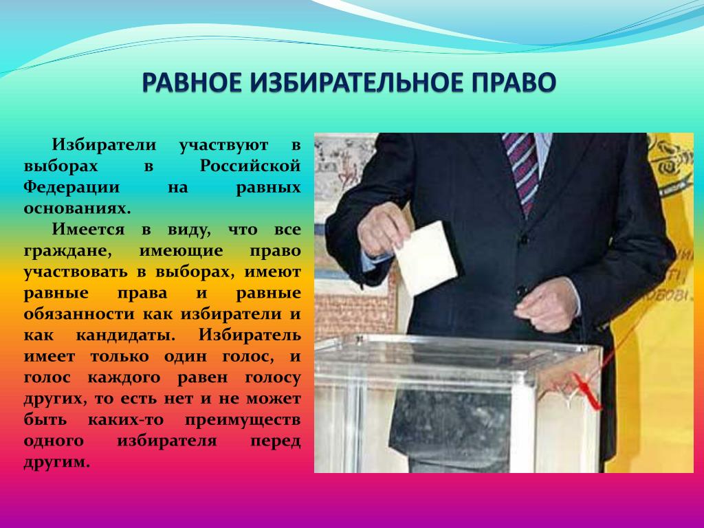 Избирательное право 10 класс. Равное избирательное право. Права избирателя на выборах в РФ. Граждане имеющие право участвовать в выборах. Один избиратель один голос это.