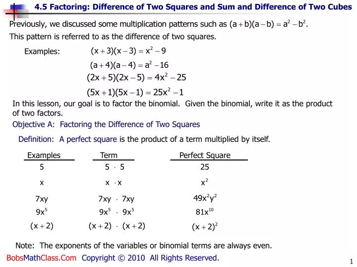 Ppt this pattern is referred to as the difference of two squares 