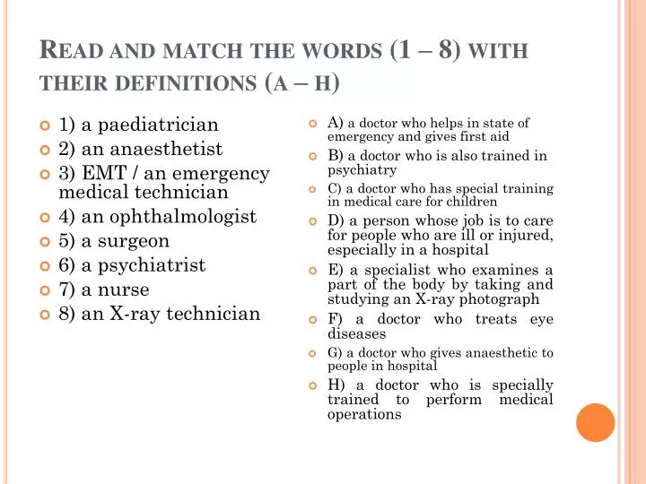 PPT  Read and match the words (1 – 8) with their definitions (a – h