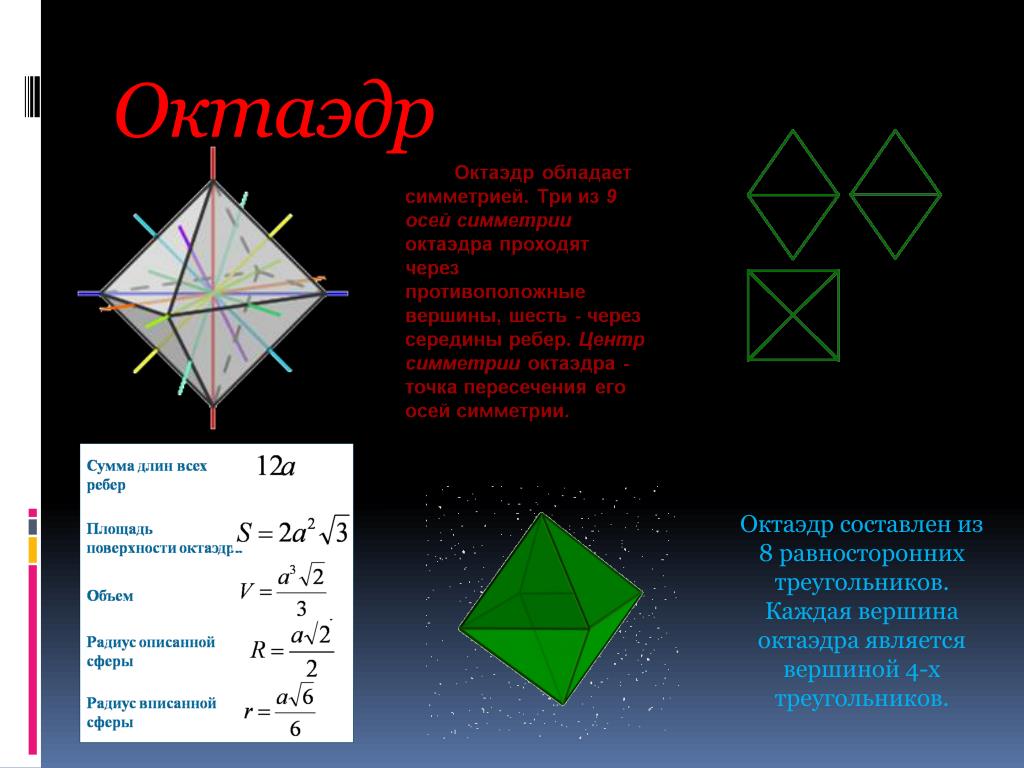 Свойства октаэдра. Октаэдр. Площадь поверхности октаэдра. Площадь полной поверхности октаэдра. Площадь правильного октаэдра.