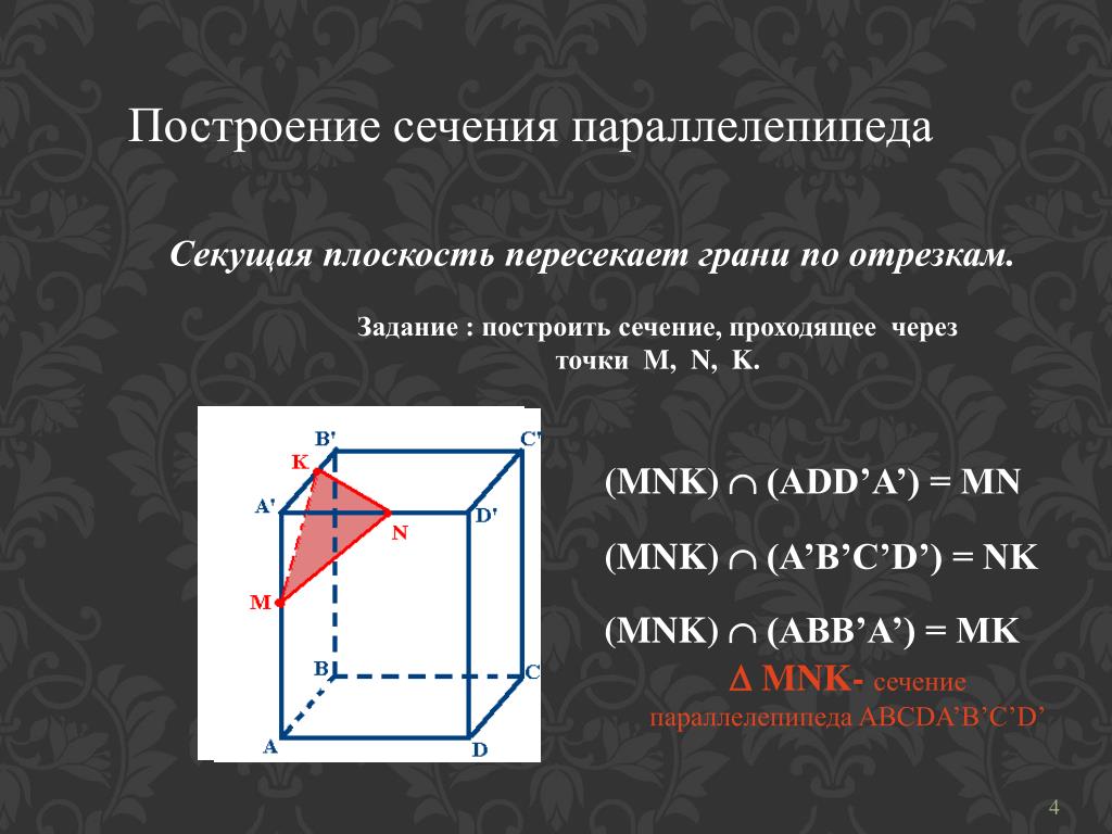 Постройте сечение параллелепипеда проходящее через точки. Секущая плоскость параллелепипеда. Построение секущей в параллелепипеде. Пересекает грани по отрезкам. Построение сечения по отрезкам.