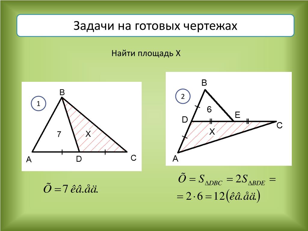 Задачи по готовым чертежам на нахождение площадей. Как найти соотношение площадей треугольников.