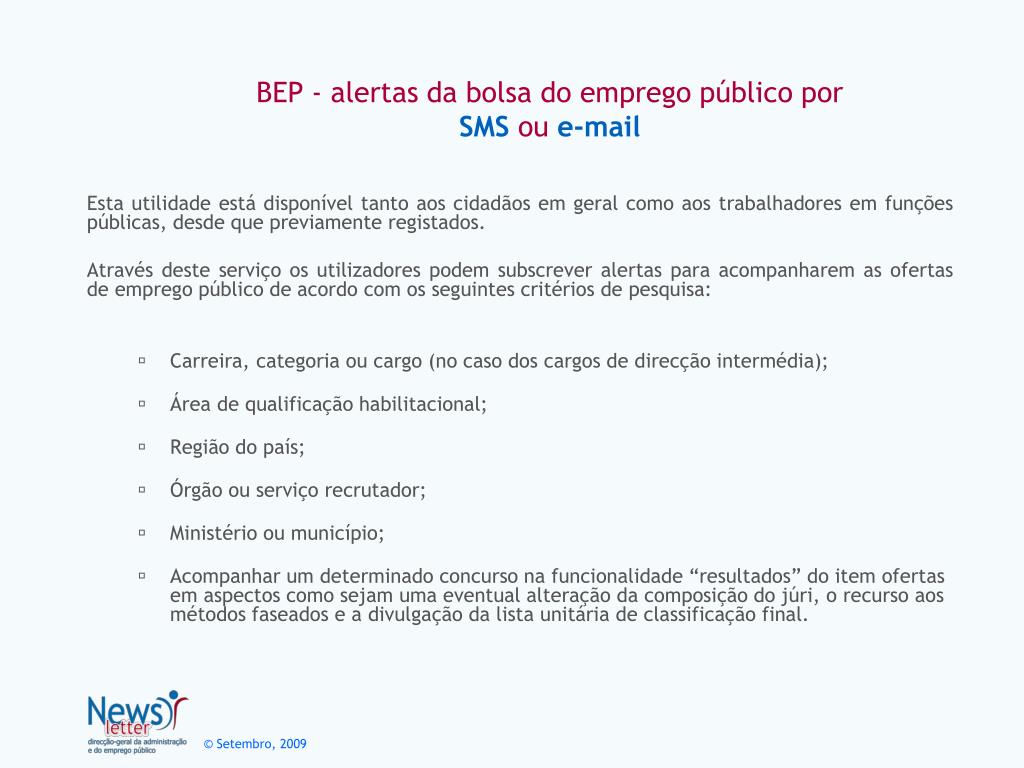 PPT - Bolsa de Emprego Público Alertas por SMS ou E-Mail PowerPoint  Presentation - ID:5053101