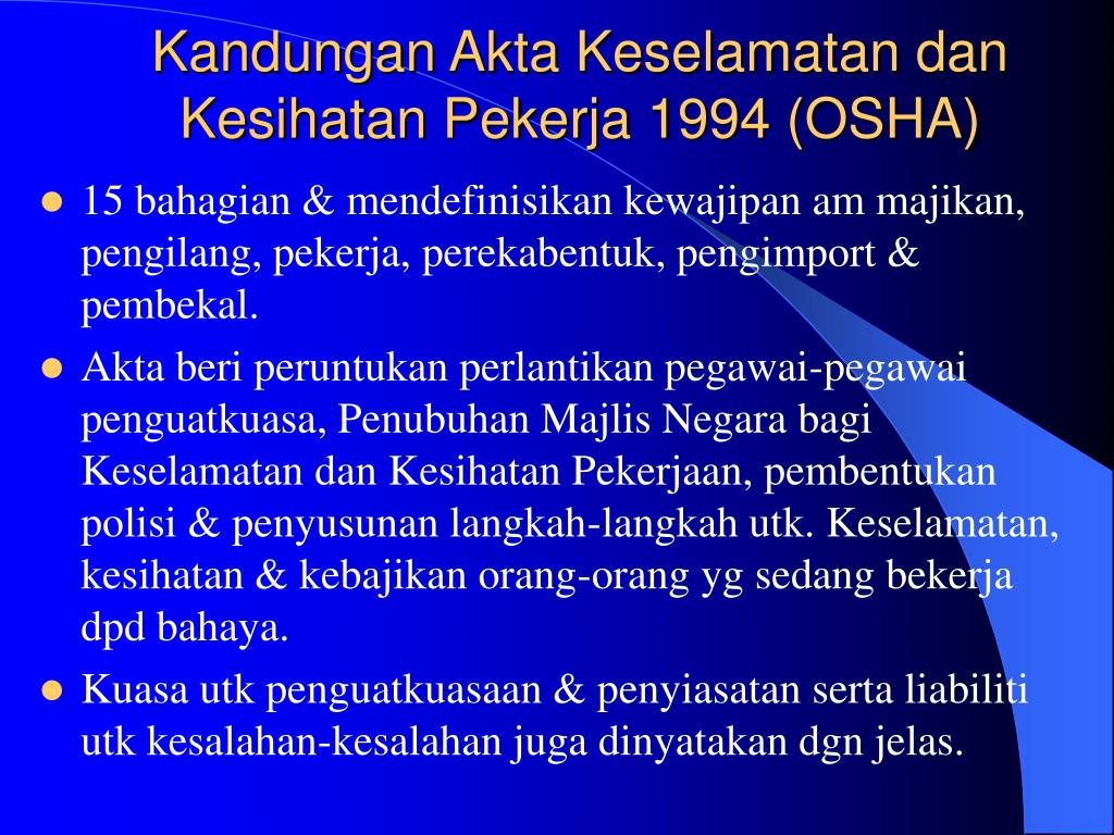 Ppt 3 6 Akta Keselamatan Dan Kesihatan Pekerjaan 1994 Osha Powerpoint Presentation Id 5123354