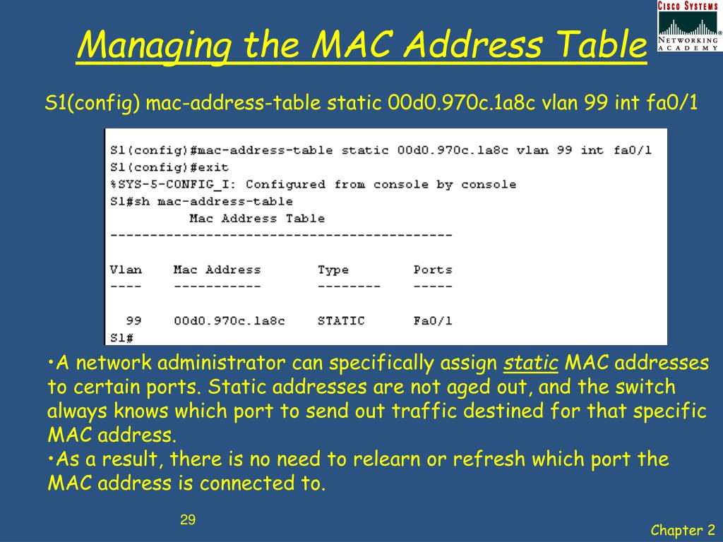 how to set static mac address learning in cisco