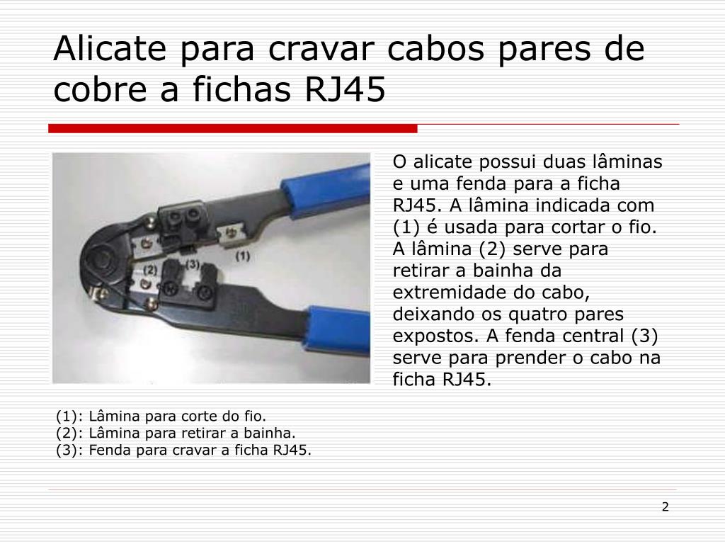PPT - Ligação dos Cabos de Pares de Cobre a fichas RJ 45 PowerPoint  Presentation - ID:5186241