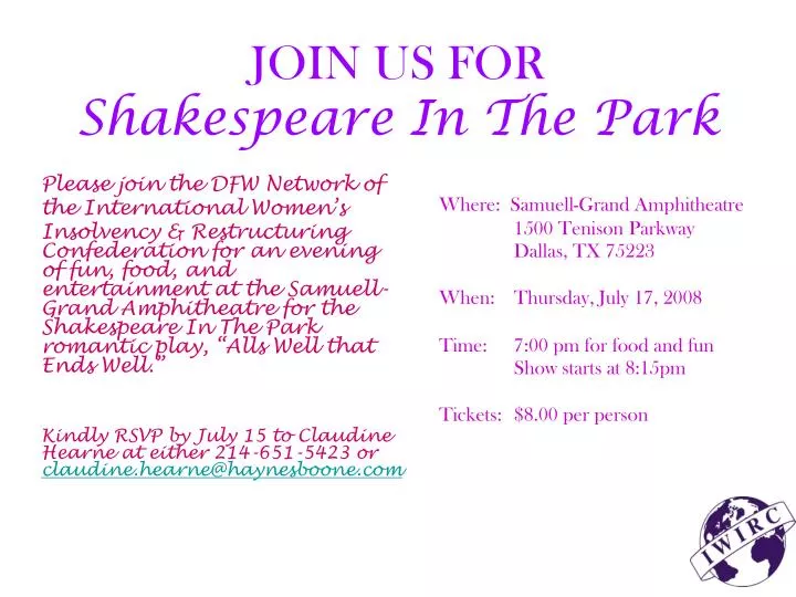 join us for shakespeare in the park n.