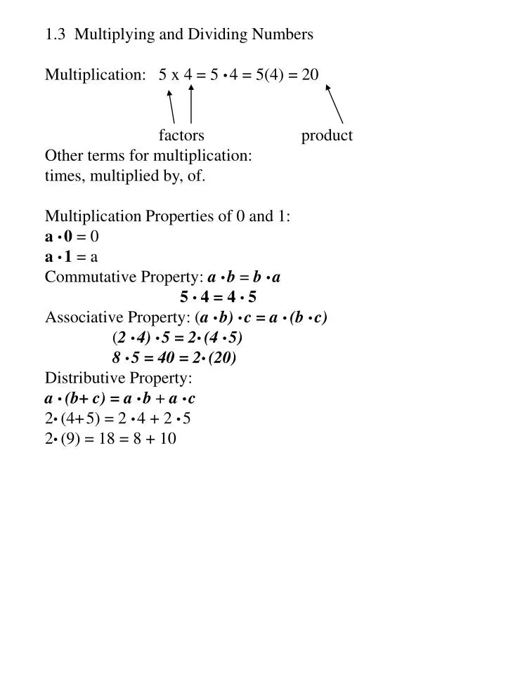Ppt - 1.3 Multiplying And Dividing Numbers Multiplication: 5 X 4 = 5 ○ 4 = 5(4) = 20 Powerpoint Presentation - Id:5226099