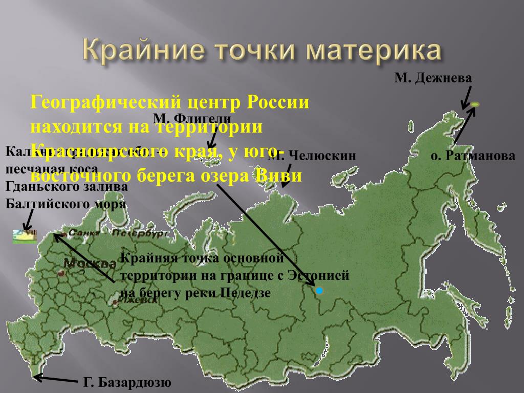 Какие субъекты входят в красноярский край. Крайние точки России. Крайние точно России. Название крайних точек России. Крайние материковые точки России.