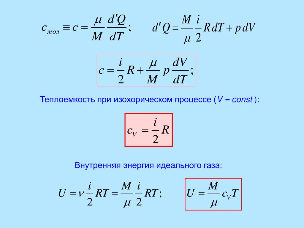 Определить внутреннюю энергию одноатомного идеального газа. Теплоемкость идеального газа при изохорическом процессе. Молярная теплоемкость идеального газа формула. Формула внутренней энергии через теплоемкость. Формула изменения внутренней энергии одноатомного идеального газа.