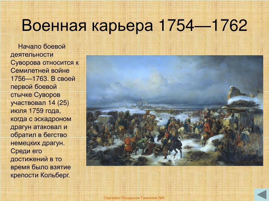 В каких сражениях участвовал суворов названия. Сражения Суворова в семилетней войне. Взятие крепости Кольберг 1761.