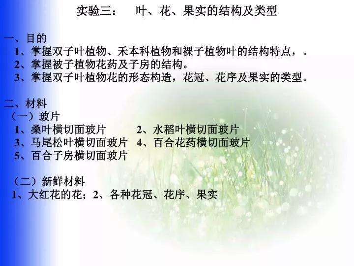 Ppt 实验三 叶 花 果实的结构及类型一 目的1 掌握双子叶植物 禾本科植物和裸子植物叶的结构特点 2 掌握被子植物花药及子房的结构 Powerpoint Presentation Id
